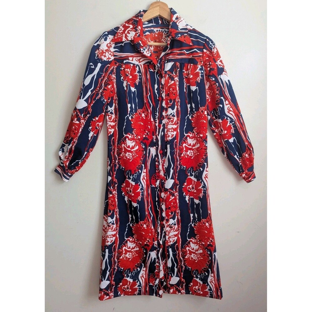 Vtg 1970s Midi Shirt Dress Mod Patriotic Floral Red White Blue Big Collar S XS